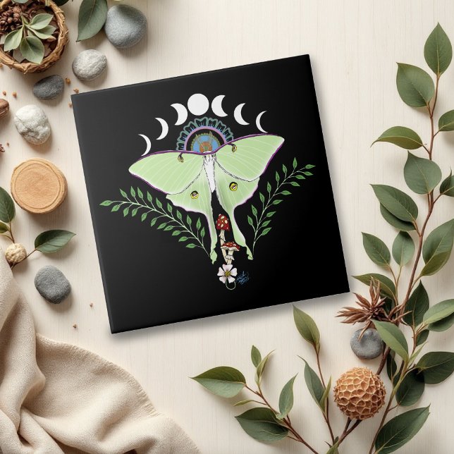 Luna Moth Moon Phases Black Ceramic Tile (Creator Uploaded)