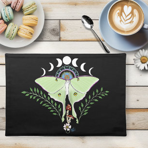 Luna Moth Moon Phases Black Cloth Placemat