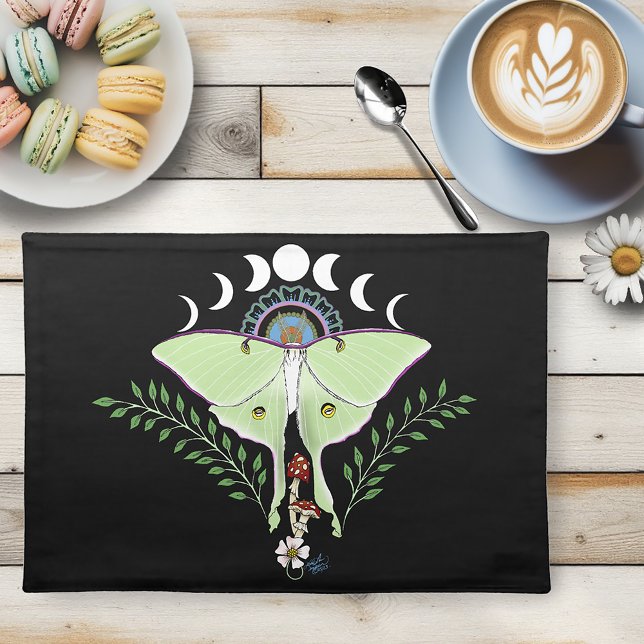 Luna Moth Moon Phases Black Cloth Placemat (Creator Uploaded)