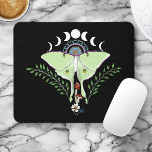 Luna Moth Moon Phases Black Mouse Pad
