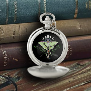 Luna Moth Moon Phases Black Pocket Watch