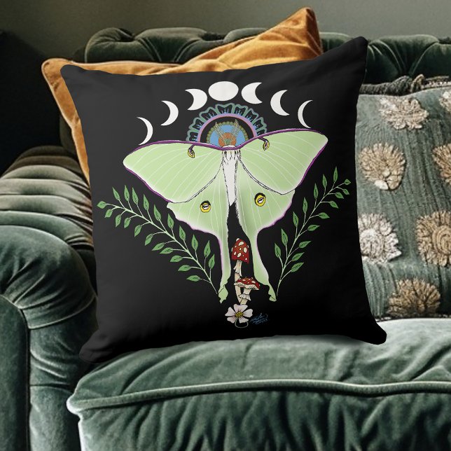 Luna Moth Moon Phases Black Throw Pillow (Creator Uploaded)