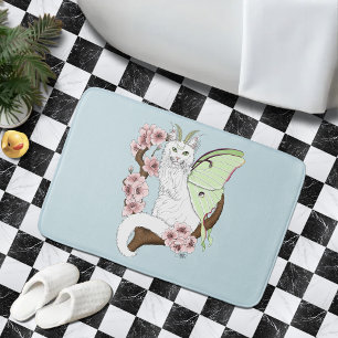 Luna Moth Moon White Cat Green Bath Mat