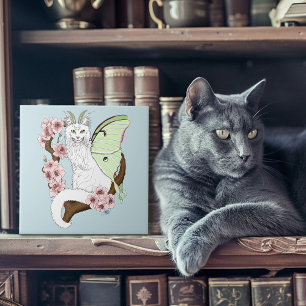 Luna Moth Moon White Cat Green Ceramic Tile