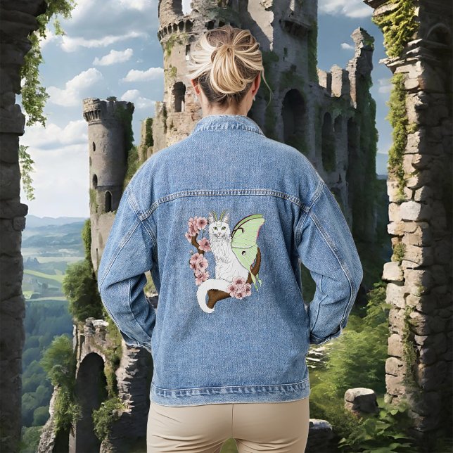 Luna Moth Moon White Cat Green Denim Jacket (Creator Uploaded)