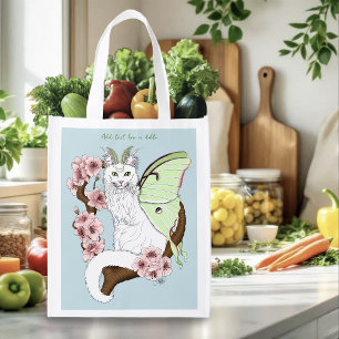 Luna Moth Moon White Cat Green Grocery Bag