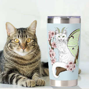 Luna Moth Moon White Cat Green Insulated Tumbler