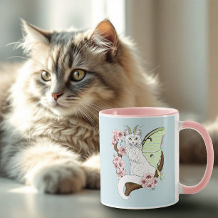 Luna Moth Moon White Cat Green Mug
