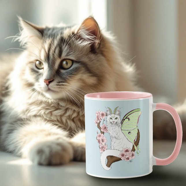 Luna Moth Moon White Cat Green Mug (Creator Uploaded)