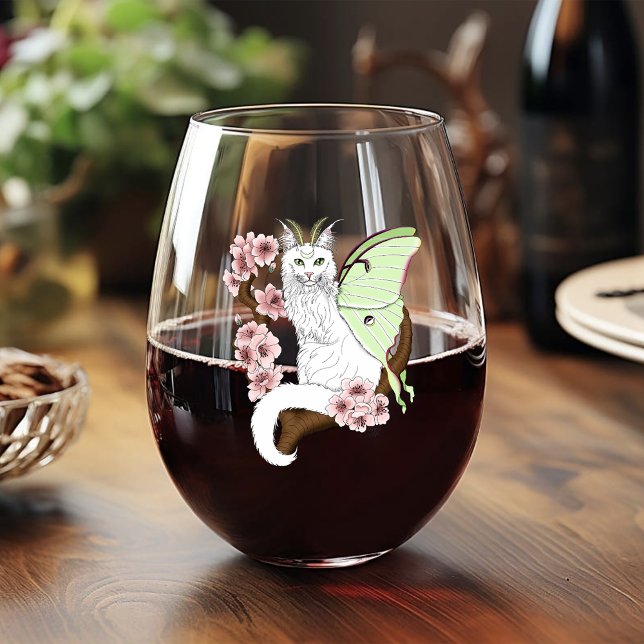 Luna Moth Moon White Cat Green Stemless Wine Glass (Creator Uploaded)