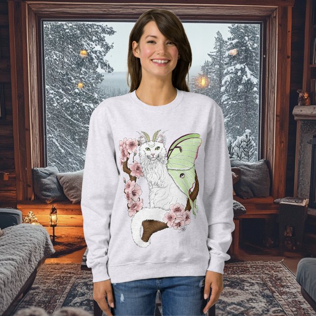 Luna Moth Moon White Cat Green Sweatshirt (Creator Uploaded)
