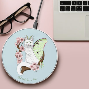 Luna Moth Moon White Cat Green Wireless Charger