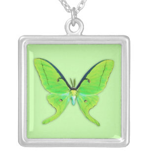Luna moth on a pale green background silver plated necklace