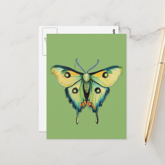Luna Moth Painting on Green Postcard (Front/Back In Situ)