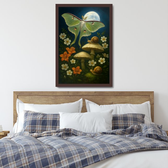 Luna Moth, Snails & Mushrooms In Moonlight  Framed Art (Bedroom)