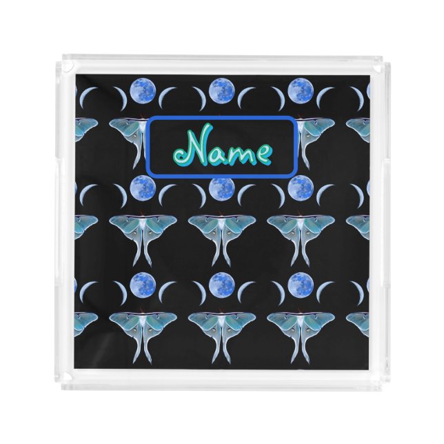 Luna Moth Triple Moon Custom Name Acrylic Tray (Front)