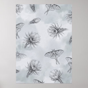 Luna Moths Lotus Flowers Misty Blue Pattern Poster
