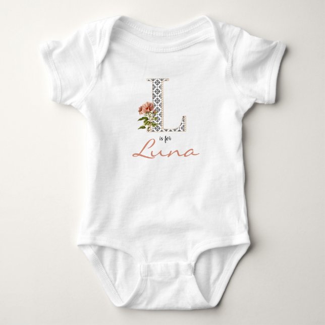 Luna Name Reveal Floral Letter L Girl Whimsical Baby Bodysuit (Front)