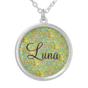 Luna script girl name abstract art background silver plated necklace