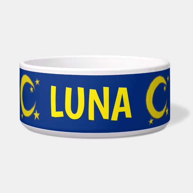 LUNA the Dog Blue Yellow Moon Stars Night Sky Bowl (Front)