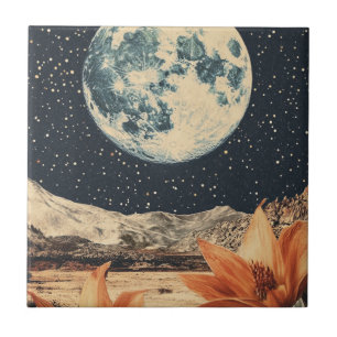 Lunar Bloom Over Sandy Peaks Ceramic Tile
