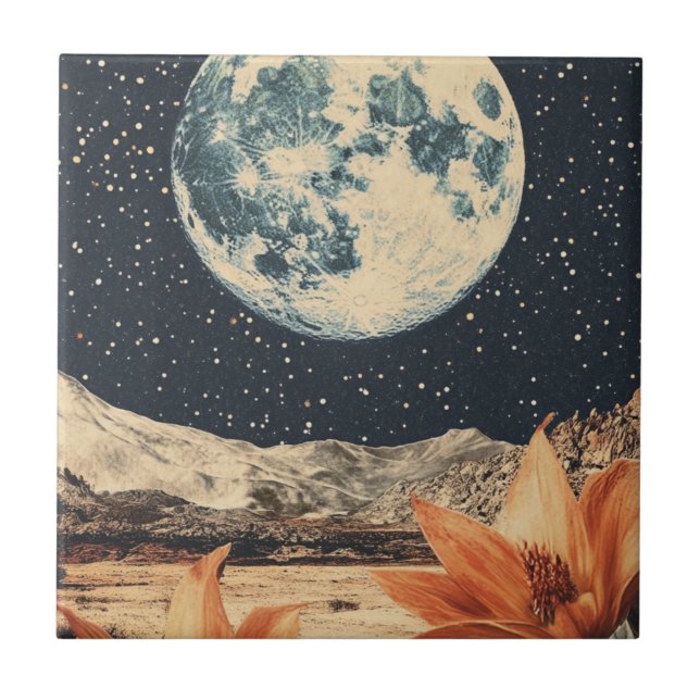 Lunar Bloom Over Sandy Peaks Ceramic Tile (Front)