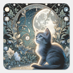 Lunar Blossom Art Nouveau Kitten Square Sticker