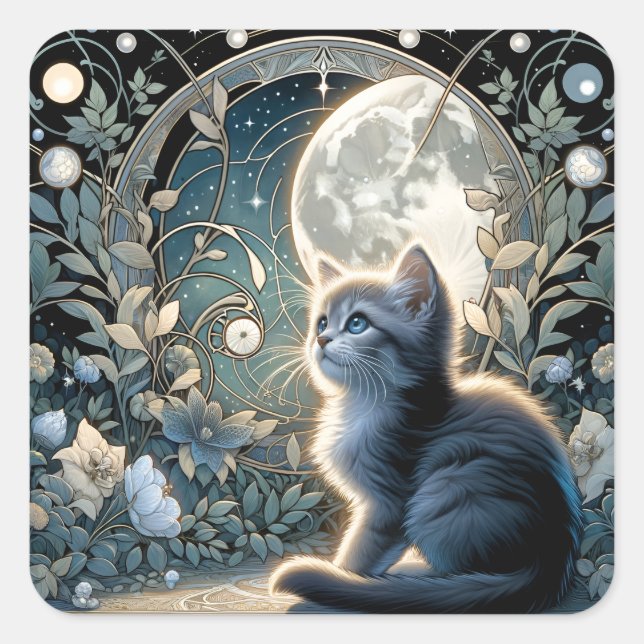Lunar Blossom Art Nouveau Kitten Square Sticker (Front)