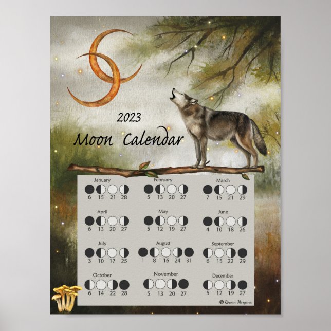 LUNAR CALENDAR 2023,  Wolf Moon Dark Forest, Wicca Poster (Front)