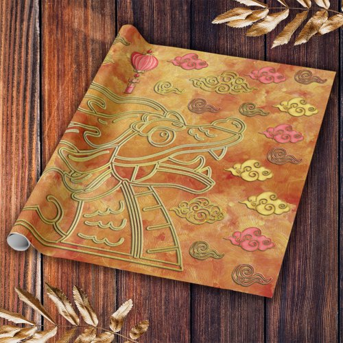 Lunar Chinese Red Gold New Year of the Dragon 2024 Wrapping Paper