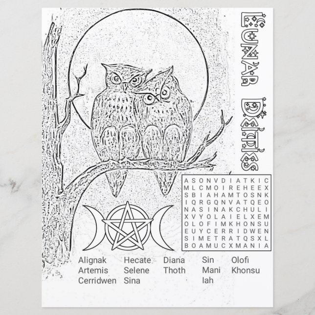 Lunar Deities Word Search Coloring Page Paper (Front)