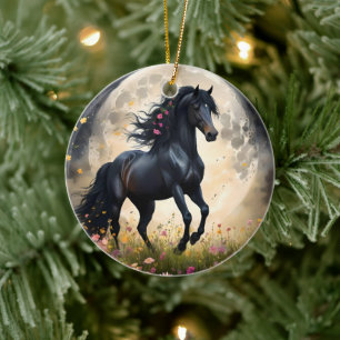 Lunar Elegance: Black Fantasy Horse with Moon  Ceramic Ornament