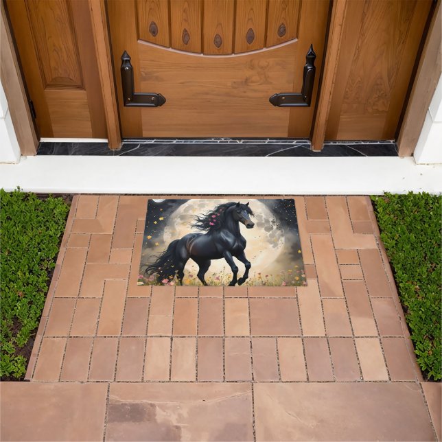 Lunar Elegance: Black Fantasy Horse with Moon  Doormat (Outdoor)