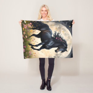 Lunar Elegance: Black Fantasy Horse with Moon Fleece Blanket