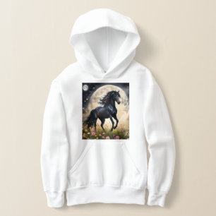 Lunar Elegance: Black Fantasy Horse with Moon Hoodie