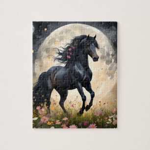 Lunar Elegance: Black Fantasy Horse with Moon Jigsaw Puzzle