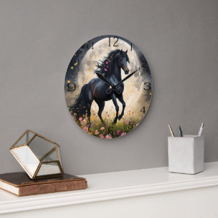 Lunar Elegance: Black Fantasy Horse with Moon Large Clock