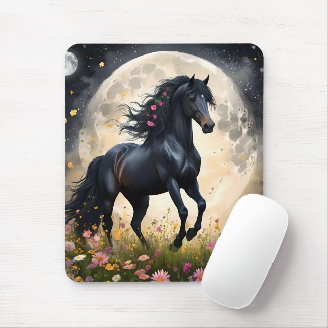Lunar Elegance: Black Fantasy Horse with Moon  Mouse Pad (With Mouse)
