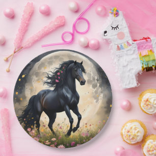 Lunar Elegance: Black Fantasy Horse with Moon  Paper Plates