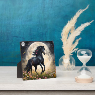 Lunar Elegance: Black Fantasy Horse with Moon  Plaque