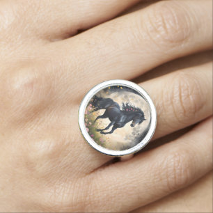 Lunar Elegance: Black Fantasy Horse with Moon  Ring