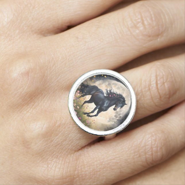 Lunar Elegance: Black Fantasy Horse with Moon  Ring (In Situ)