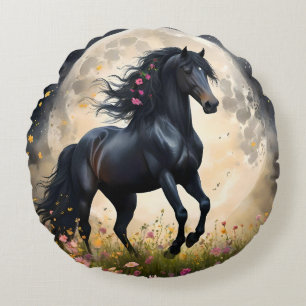 Lunar Elegance: Black Fantasy Horse with Moon Round Pillow