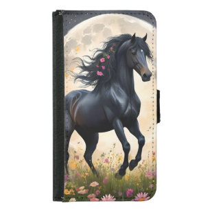 Lunar Elegance: Black Fantasy Horse with Moon  Samsung Galaxy S5 Wallet Case