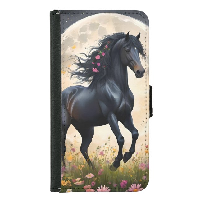 Lunar Elegance: Black Fantasy Horse with Moon  Samsung Galaxy Wallet Case (Front)