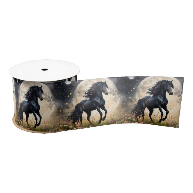 Lunar Elegance: Black Fantasy Horse with Moon  Satin Ribbon (Spool)