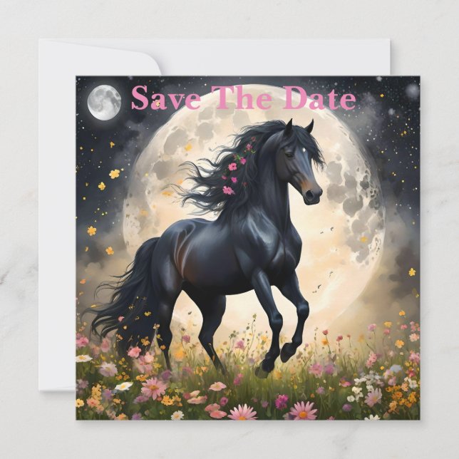 Lunar Elegance: Black Fantasy Horse with Moon  Save The Date (Front)