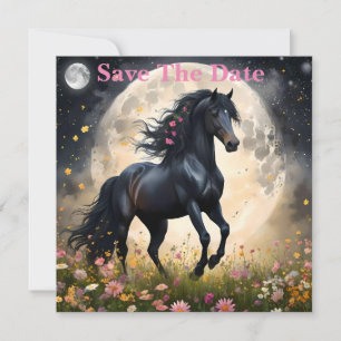 Lunar Elegance: Black Fantasy Horse with Moon Save The Date