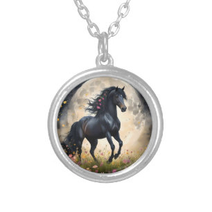 Lunar Elegance: Black Fantasy Horse with Moon  Silver Plated Necklace