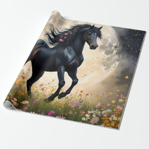 Lunar Elegance: Black Fantasy Horse with Moon Wrapping Paper